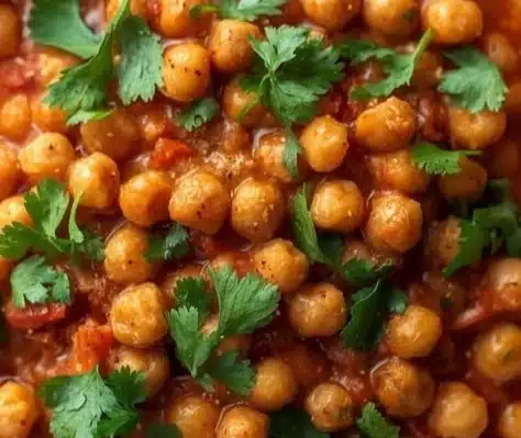 Plate of Vegetarian Marry Me Chickpeas garnished with herbs and spices