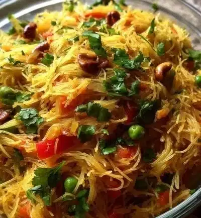Bowl of delicious Vermicelli Upma garnished with vegetables and spices.
