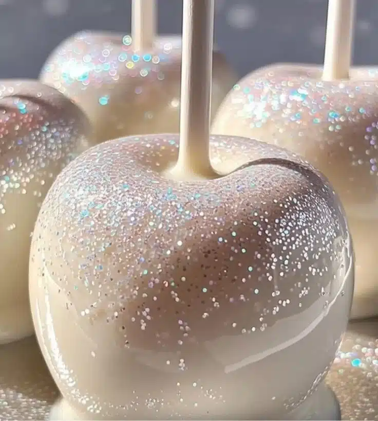White Sparkle Candy Apples with a celestial design and shimmering finish