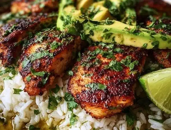 Zesty cilantro lime chicken with avocado and jasmine rice served on a plate